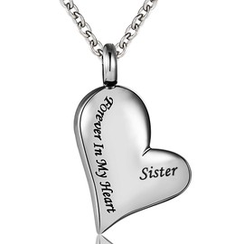 Cremation Urn Necklace Engraved Sister Forever in My Heart Stainless Steel Keepsake Waterproof Memorial Heart Pendant