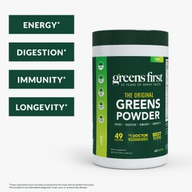 Greens First Original Greens Powder - 49 Superfoods - Organic Fruits & Veggies - Prebiotics, Probiotics & Digestive Enzymes - Antioxidant Smoothie - Dairy Free, Vegan & Non-GMO (Mint, 60 Servings)