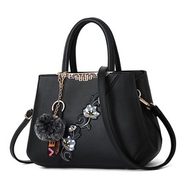 DORRISO Women Handbags Embroidery Top Handle Handbags Cute Pompom Travel Casual Tote Bag Shoulder Bag PU Leather Fashion Ladies Crossbody Bag Black A