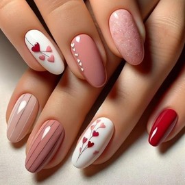 Valentines Press on Nails Medium Almond MABKJLF Pink Fake Nails False Nails with Designs Cute Heart Full Cover Glossy Glue on Nails Valentine's Day Acrylic Nails for Women Girls 24 Pcs