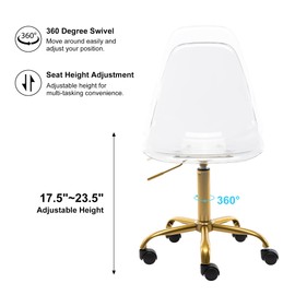 HOMEFUN Clear Rolling Chair, Armless Acrylic Desk Chair with Golden Feet Swivel Molded Plastic Shell Adjustable Home Office Chair with Wheels, Clear