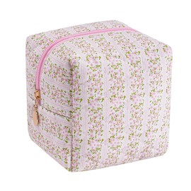 HHQQWZ Cute Cubic Shaped Floral Cotton Makeup Cosmetic Bag for Women, Travel Quilted Zipper Make Up Bag, Cube Flowers Organizer Case Kawaii Makeup Cosmetic Travel Cloth Pouch (Pink Floral)