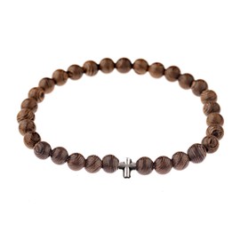 COLORFUL BLING Wood Beaded Cross Stretch Rosary Bracelet for Men First Communion Religious Cross Statement Wrist Bangle Faith Prayer Jewelry-silver