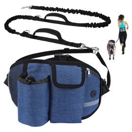 DASKING Correa para Perro Manos Libres con Riñonera, Correa Running Perro Correa para Perros Grande Proteger la Cintura con Costuras Reflectantes, Cinturones de Cintura Ajustables, Azul