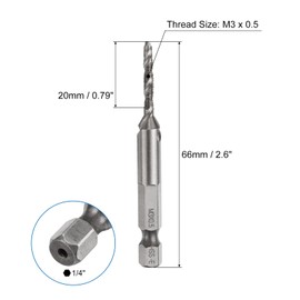 sourcing map Combination Drill and Tap Bit, Metric M3 x 0.5 Thread 1/4" Hex Shank, Threading Screw Taps Spiral Flute Machine Drilling Tapping Tool, High Speed Steel (HSS) 6542