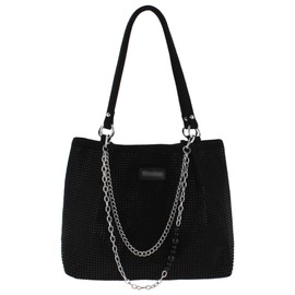 Womens Rhinestones Shoulder Tote Bag Faux Suede Crystal Glitter Handbag Top Handle with Chains Underarm Satchel