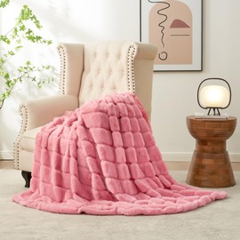Cozy Bliss Faux Fur Throw Blanket for Couch, Cozy Warm Plush Striped Blanket for Sofa Bedroom Living Room, Pink