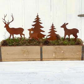 Decorative Garden Stakes, Deer and Deer with 2 Fir Trees in Rust Look, Set of 5, Christmas Decoration for Crafts, Garden Decoration