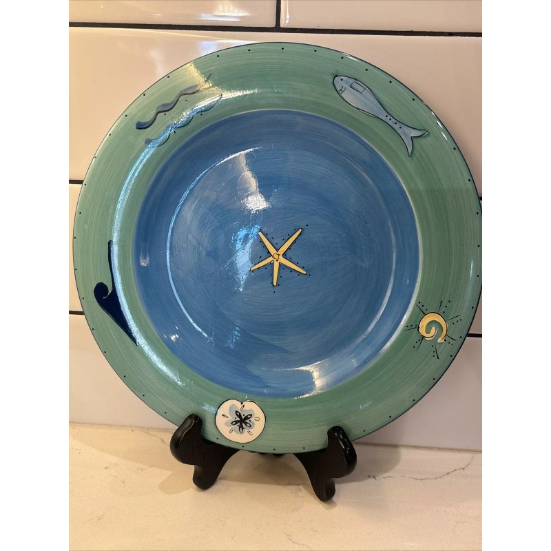 K.I.C. Fish Shells Waves Sun Starfish Green Rim Blue Dinner
