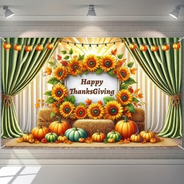 HOMETITUTE Happy Thanksgiving Backdrop Banner 71x43 Inchs Thanksgiving Fall Outdoor Decorations Banner Sunflower Pumpkins Theme Backdrop Party Supplies Yard Decor