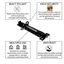 Lockable Sliding Bolt | Brenton Pad Bolt | 200mm / 8 Inch | Black Powder Coating | Pack of 1