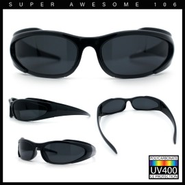 Mens Classic 90s Oval Cropped Bottom Wrap Around Sport Plastic Sunglasses Shiny Black - Black