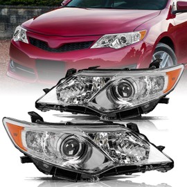 Aosky Fit for 2012 2013 2014 Camry Headlights Assembly L/Le/Xle/Hybrid/SE Driver and Passenger Side (Chrome Housing with Amber Reflector)