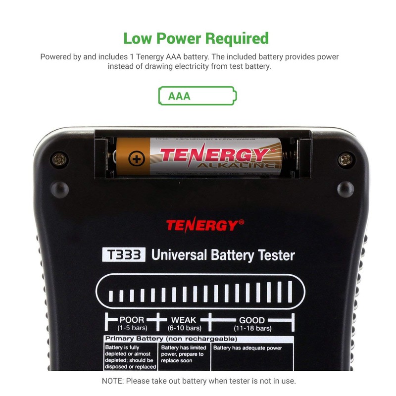 Tenergy T-333 Universal Battery Tester, LCD Display, Cell Checker, Multi-Purpose