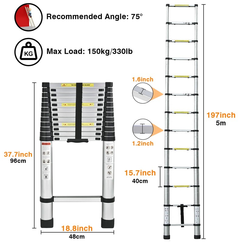Qimu Telescoping Ladder 16.4FT Aluminum Telescoping Ladder with 2 Detachable