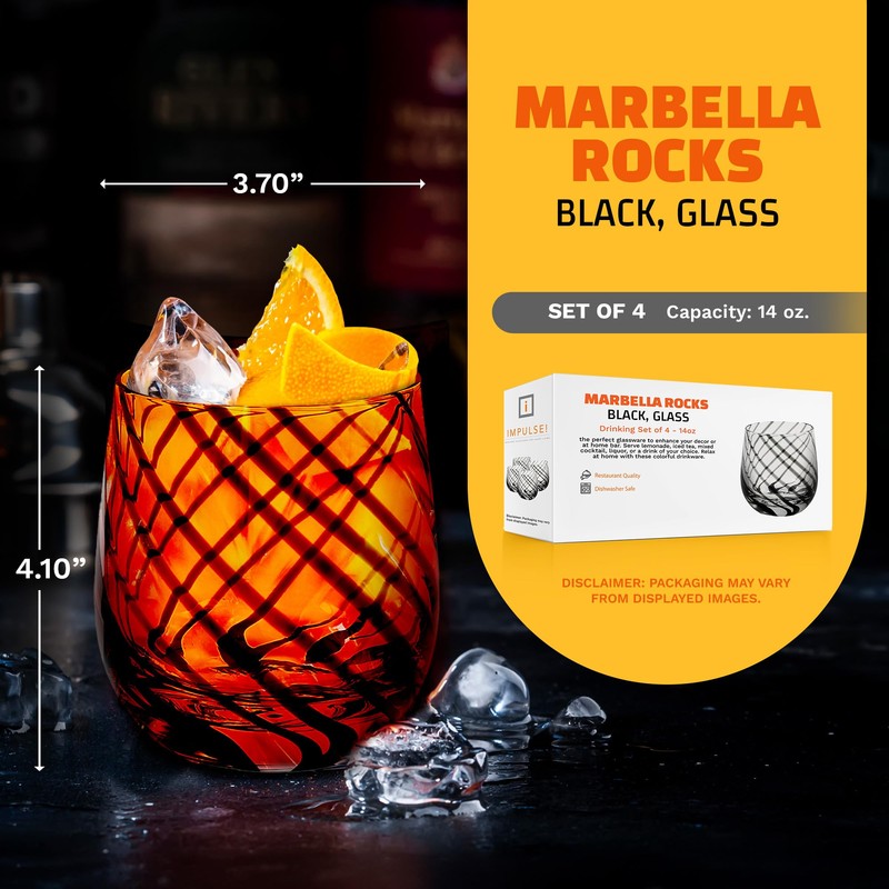 IMPULSE! Marbella Rocks Vintage Black Glassware Set of 4 -