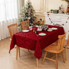 Romanstile Christmas Jacquard Rectangle Tablecloth with Red Flower - Waterproof Damask Vintage Floral Table Cloth, Xmas Decorative Table Cover for Dinner/Parties/Holiday - 60 x 104 Inch
