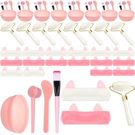 Threlaco 8 Set Spa Party Supplies with 8 Jade Rollers for Face 8 Face Mask Brushes 8 Face Mask Mixing Bowls 8 Headband for Spa Party Favors Sleepover Party Slumber Party