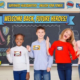 Waterproof Write-on Name Tag Labels - 200 Superhero Stickers for Kids, 3.5 x 2.25 Inch, Colorful Comic Design Nametags for School Classroom,Office Meetings Visitors,Events and Parties