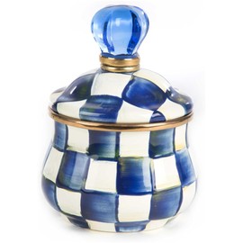 MACKENZIE-CHILDS Enamel Lidded Sugar Bowl, Small Serving Bowl with Lid, 10-Ounce Capacity, Blue-and-White Royal Check