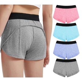 EXARUS 4 Pack Girls Running Athletic Shorts Low Rise 2.5 inch Elastic Waisted Sports Active Dolphin Shorts Side Slit Kid 6-14Y