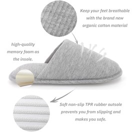 ofoot Women's Organic Cotton Non-Slip Slippers, Cosy Memory Foam Washable for Summer Bedroom, Rubber Sole, gray