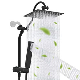 Hibbent All Metal High Pressure 12'' Rainfall Shower Head, Showerhead Combo with 4-mode Handheld Spray, 12'' Adjustable Extension Arm, Extension Bar, Easy Reach Holder, 71'' Hose, Matte Black