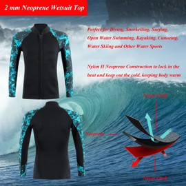 YDQUANI 2mm Wetsuit Top Neoprene Wetsuits Jacket Thermal Long Sleeves Diving Suit for Men Women Open Water Swimming Snorkeling Scuba Diving Surfing