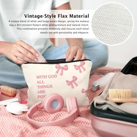 LIANGW Coquette Pink Bow Christian Makeup Bag, With God All Things Are Possible Cosmetic Bags for Women, Christian Bible Verse Gifts for Women, Preppy Aesthetic Zipper Makeup Pouch
