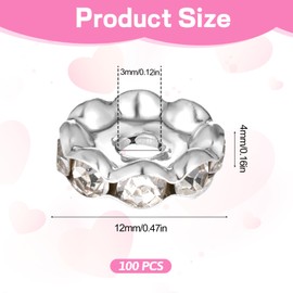 100 Pcs 12mm Silver Diamond Beads Spacer for Pens Making Bulk Rondelle Rhinestone Spacer Beads Beadable Wave Crystal Bead for Bracelet Jewelry Making