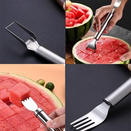 2-in-1 Stainless Steel Fruit Cutter，watermelon fork slicer cutter，watermelon cuber cutting tool， Summer fruit fork，for Family Parties Camping Party (4 PCS)