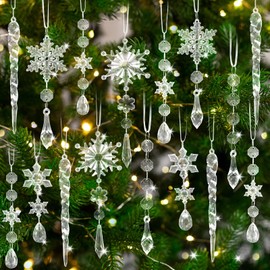 16PCS Christmas Tree Ornaments - 6 Styles Hanging Acrylic Christmas Decoration Snowflake Icicle Drop Crystal Ornaments for Christmas Tree Winter Wonderland New Year Decor Supplies
