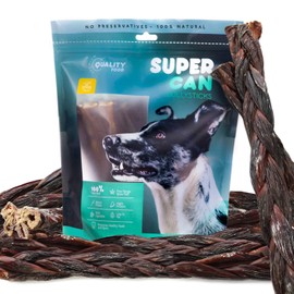 SUPER CAN BULLYSTICKS 12” Braided Gullet Sticks (4-Pack) 100% Natural Beef Esophagus Dog Jerky Treats for Large Dogs Easily Digestible Dog Chews - High-Protein, Low Fat USA Made Dog Treats