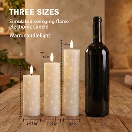 BAIRAYEN Flameless LED Flickering Fiber Optic Candles, 3Pack Warm Battery-Operated Fake Candles with Timer, 2”Diameter, 4.72/6.3/7.87 Inch Heights for Wedding, Centerpiece, Christmas, Halloween Decor