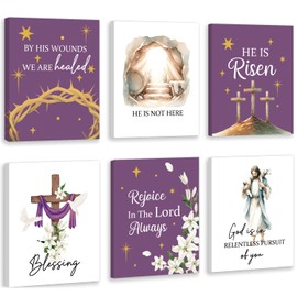 HOURIA 6PCS Framed Purple He is Risen Easter Christian Religious Canvas Wall Art,8”*10" Bible Verse Inspirational Scripture Wall Decor, Jesus Lamb Easter Tomb Lily Flowers Cross Prints for Home Church