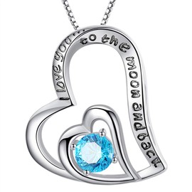 MABELLA Sterling Silver “I Love You To The Moon and Back” Love Hearts Natural Blue Topaz Pendant Necklace Birthday Gifts for Her