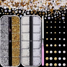 3D Mini Nail Art Pearls, AB White Pearl Nail Beads, Small Pearls Nail Art Jewelry Gold Silver Nail Beads Charms Gems for Nail Manicure DIY Supplies Accessories