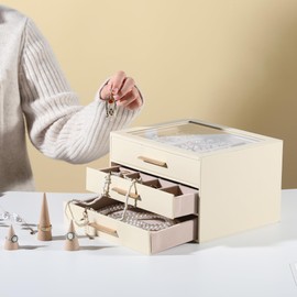 Frebeauty Jewelry Box with Clear Lid,Jewelry Organizer with 3 Drawer,PU Jewelry Organizers and Storage,Jewelry Boxes for Women,Earring Holder Organizer,Jewelry Storage(Beige)