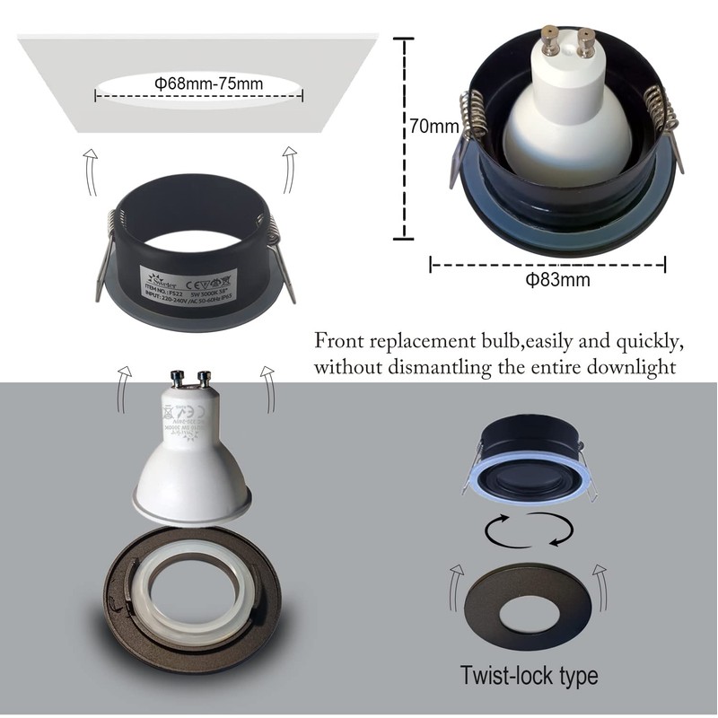 Sweier Waterproof Downlight Black GU10,IP65 LED Bathroom Spotlight Cool White