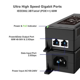 2.5G POE++ Injector 60W, IEEE 802.3bt/af/at, 2.5Gbps/1Gigabit PoE+ Ethernet Adapter, 2.5G Base-T Compliant, Network a PoE Device up to 328ft, for High Power PTZ Camera, VOIP Phone, WiFi 6 AP etc.