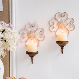 SOFE Antique Wall Candle Sconces Set of Two, Wrought Iron Candle Wall Sconce, Rustic Wall Candle Holder Pillar, Farmhouse Metal Wall Decor for Living Room, Dining Room, Bathroom, Brown