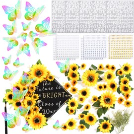 Hoteam Graduation Cap Decorations Kits Included Faux Flowers 3D Butterfly Stickers Self Adhesive Rhinestones Glitter Alphabet Letter Stickers for Grad Cap Topper DIY Craft Art Decor(Bright Yellow)