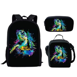 HUGS IDEA Sea Turtle Art Kid Backpack Set with Lunch Box & Pencil Case 3 in 1 School Bag for Boys Girls Lightweight Bookbag for Student, Ideal for Elementary & Middle School