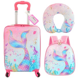 Sanwuta 4 Pcs Kids Luggage Set Kids Backpack Travel Rolling Suitcase with Wheels U-shape Pillow Childrens Gift for Girls Boys(17 Inch,Mermaid's Tail Style,Blue Purple)