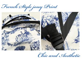 moremohome toile print backpack,coquette backpack,trendy backpack,aesthetic backpack,french style blue and white backpack,backpack for women,11.4 * 7.8 * 15.7 inches,01