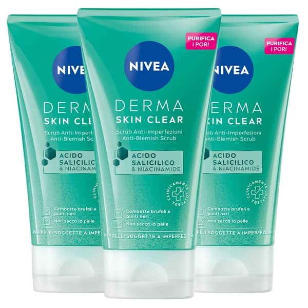 Nivea Derma Skin Clear Scrub Face Anti-Imfection Vegan Formula with Salicylic Acid and Niacinamide with Cleansing Effect, Exfoliation, Regenerating Against Pimples and Blackheads, 3 Bottles of 150 ml