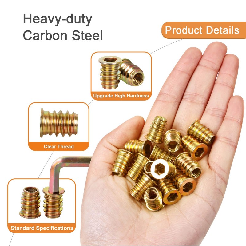 3/8"-16 x 25mm Threaded Inserts for Wood, Hex Drive Wood