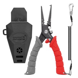 SAMSFX 7.5 inch Fishing Pliers, Stainless Steel Hook Remover Fishing Gear, Tungsten Carbide Cutters, Corrosion Resistant Teflon Coating (Gray & Red Hanlde, Split Ring Nose)