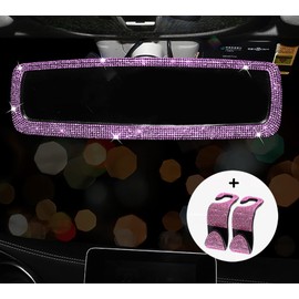 DRAMLOR Bling Rear View Mirror Accessories with 2 PCS Car Seat Hooks for Headrest, Universal Bling Pink Diamond Rear View Mirror Cover for Women ＆ Girls