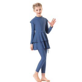 IDOPIP Muslim Swimsuit for Girls Kids Modest Islamic Swimwear Long Sleeve Full Cover Burkini Swimsuits Bathing Suit 3PCS Rash Guard Set Top Pants Hijab Swimming Cap Outfits Dark Blue 3PCS 18-24 Months